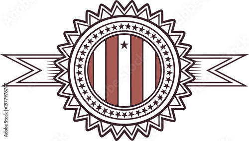 Vintage peruvian badge with red center and sunburst rays