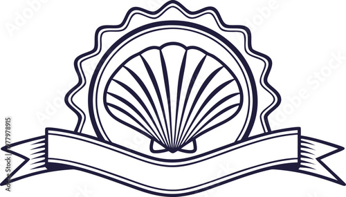 Black and white vintage emblem with ornate scrollwork and sunburst