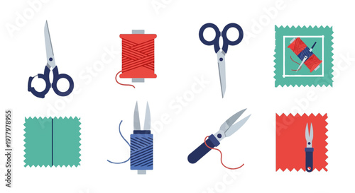 Sewing Tools and Handmade Craft Vector Icons Set, Tailor Scissors and Thread Spool.