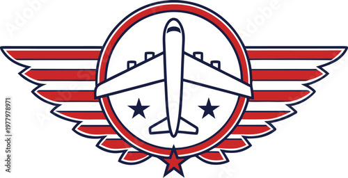 Red white and yellow peruvian air force day badge with airplane silhouette