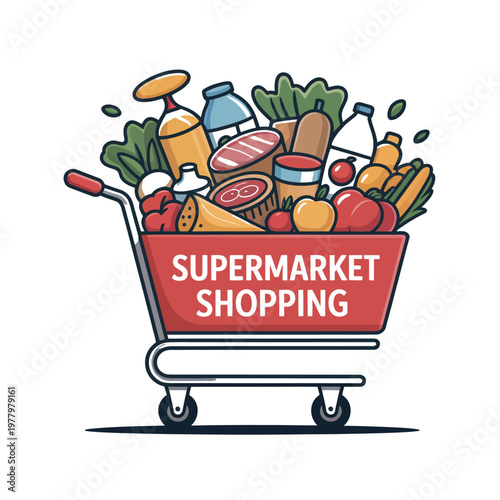 Shopping cart filled with various fresh groceries and packaged goods represents a supermarket trip.