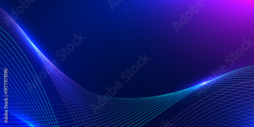 Abstract digital wave background. Blue glowing dots in a wavy stream. Design for financial technology data analysis information systems.