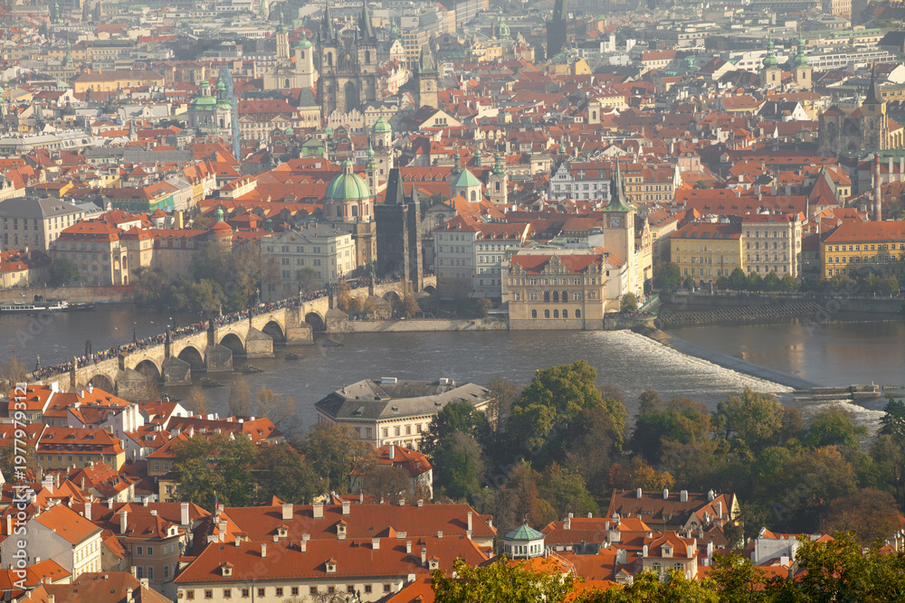 Obraz premium Aerial view of Prague Castle and St. Vitus Cathedral above red roofs, Hradcany, Prague, Czechia. g.