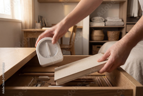 Woman organizing desk drawer with a clock and a book
