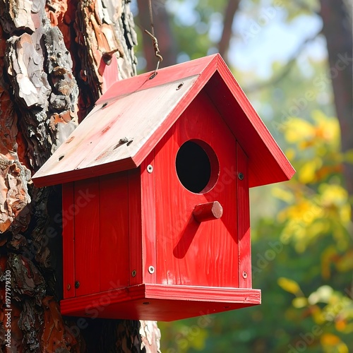 A red wooden birdhouse attached to a tree trunk