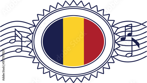 Circular badge with romanian flag colors and sunburst rays