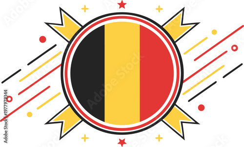 Circular belgian flag badge with radiating yellow sunburst pattern