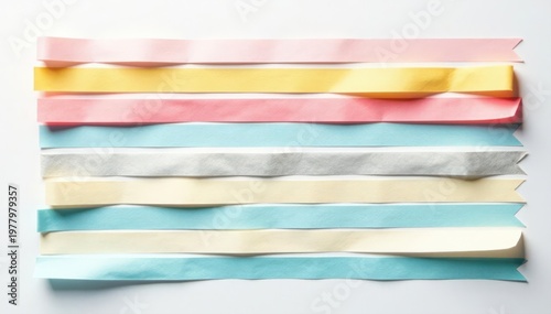 Assorted white sticky tape scraps, horizontally arranged, against white backdrop Different lengths & widths , pieces, pattern, various sizes