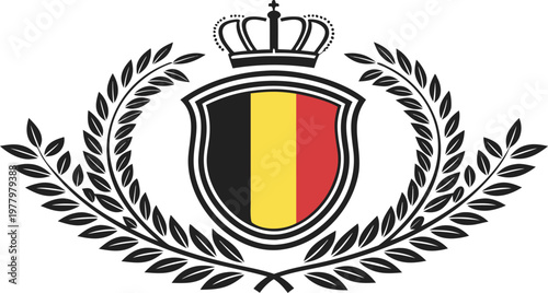 Circular emblem with golden flame and belgian tricolor stripes