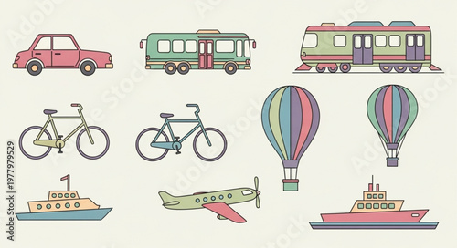 Collection of various transportation vehicles and modes of travel.