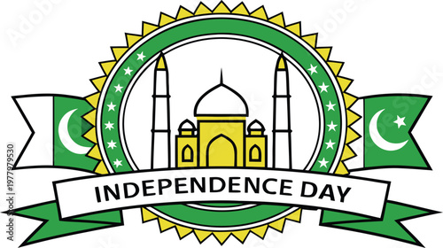 Green white badge with mosque and pakistan independence day text
