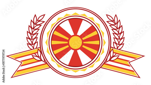 Golden sunburst emblem with red sun and wheat sheaves