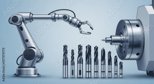 Industrial robot arm and precision cutting tools for manufacturing.