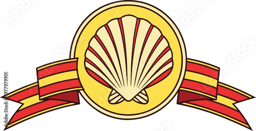 Golden scallop shell badge with red and gold rays on white background