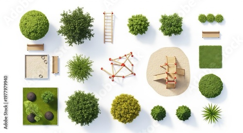Top view playground landscape design climbing structures benches sandbox trees outdoor illustration photo
