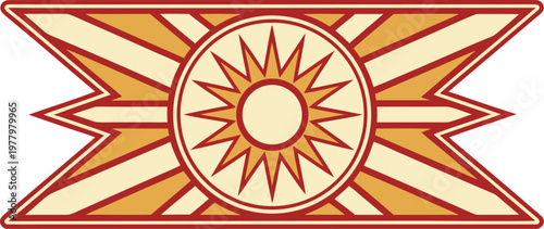 Golden sunburst emblem on red and gold striped background