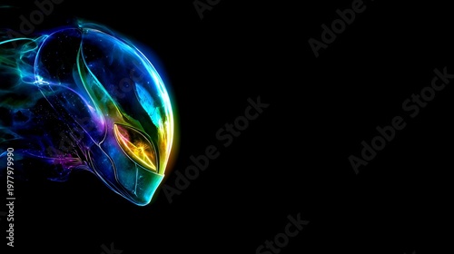 Glowing alien head in vibrant futuristic colors on black background