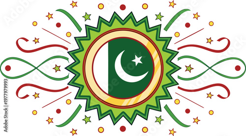 Green and gold pakistan celebration badge with ornate ribbon border