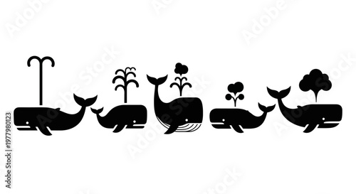 Five black whales with diverse water spouts in a row