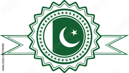 Green white badge with crescent moon and star for pakistan independence day