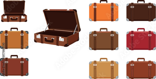 Vintage suitcase collection with open and closed travel trunks, classic luggage vector set for tourism, journey, and retro travel design