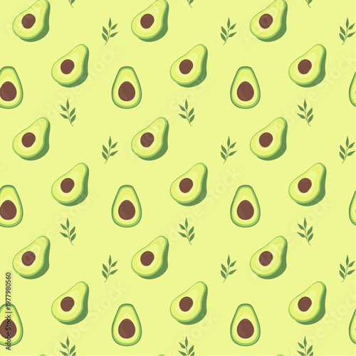 Seamless pattern of cute avocado illustrations on a soft green background. The design features sliced avocados with seeds and small leaf elements, creating a fresh and playful look. Perfect for kids d