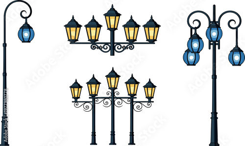 Vintage street lamp collection with decorative lantern posts, classic urban lighting vector set for city, park, and outdoor design