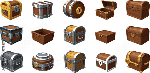 Treasure chests collection with wooden and metal boxes, pirate loot storage vector set