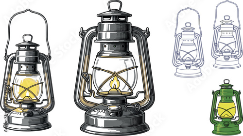 Vintage kerosene lantern variations with detailed metal and glass design, classic oil lamp vector set for lighting and outdoor use