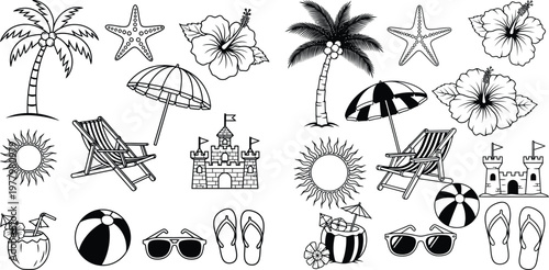 Black and White Summer Beach Vacation Doodle Set