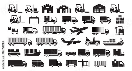 Delivery and freight transport icons collection for logistics business management silhouette.