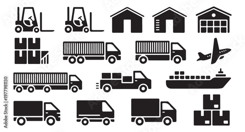 Industrial logistics icons with forklift truck warehouse ship airplane for professional design.