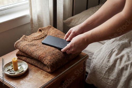 Woman's hands placing a smartphone on a folded sweater