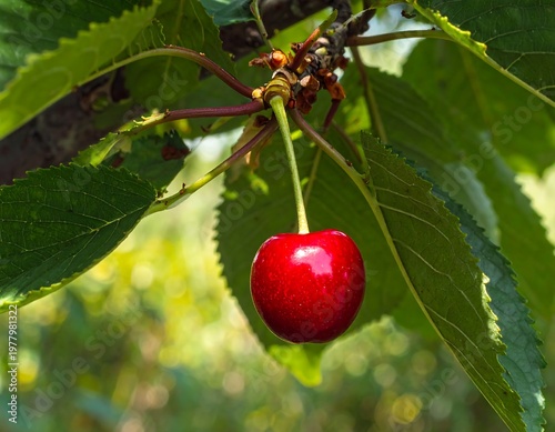 A ripe red cherry hangs from a tree branch surrounded by green leaves (1)