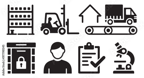 Industrial and warehouse management black silhouette vector icon set, logistics distribution symbols.