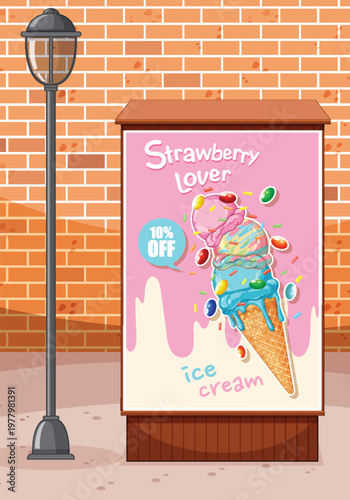 Outdoor Street Billboard Advertising Strawberry Ice Cream With Discount Offer