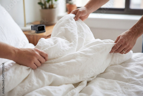 Man hands making white bed