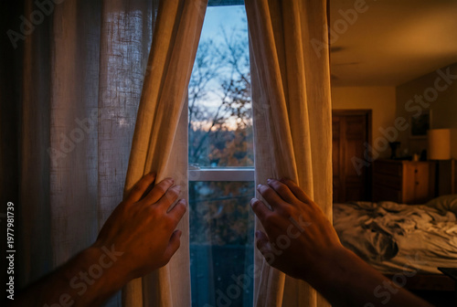 Hands opening curtains to reveal a scenic view outside a window