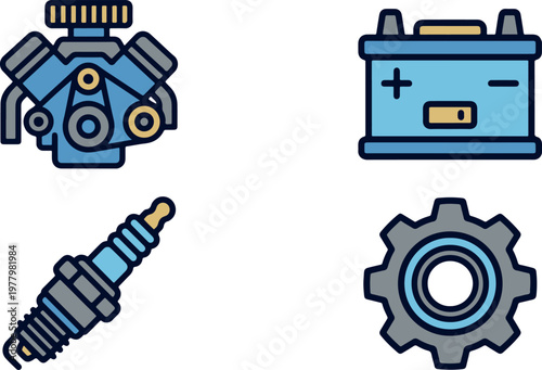 Car Engine Parts and Mechanical Components Icons
