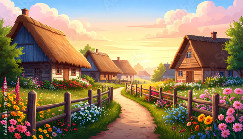 Rustic cottages beside flowered lane under golden evening. Pastoral hamlet glowing below peach clouds near bright horizon. Country pathway winding amid blossoms around wooden homes