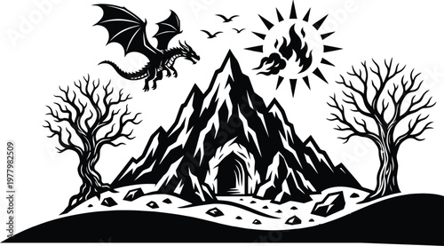 Mysterious mountain cave guarded by a flying dragon under a radiant moonlit sky isolated on white background, Vector