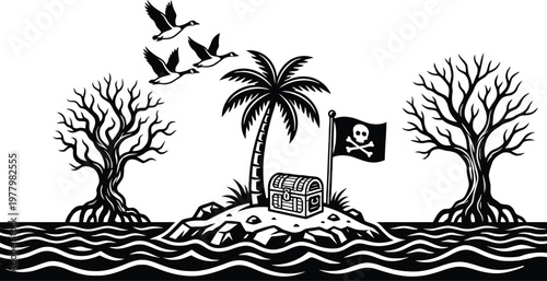 Pirate’s treasure on a remote island with a jolly roger flag flying high isolated on white background, Vector