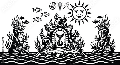 Mythical underwater temple guarded by marine life under a smiling sun isolated on white background, Vector