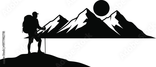 Adventurer gazing at majestic mountain peaks under a full moon isolated on white background, Vector