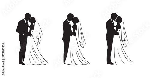 Minimalist bride and groom silhouettes with delicate veil details for wedding invitations.