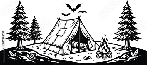 A cozy campsite under the moonlight with a tent and crackling campfire. isolated on white background, Vector