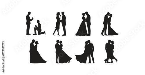 Romantic couples silhouettes collection showing proposals and tender moments for designers.
