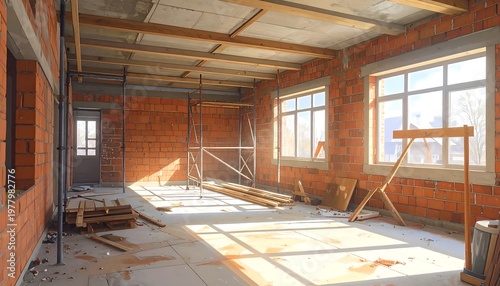 A room under construction with exposed brick walls and scattered building materials