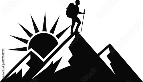 Determined hiker reaching the summit of a mountain at sunrise isolated on white background, Vector