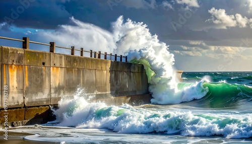 A rugged concrete seawall with crashing waves and a cloudy sky